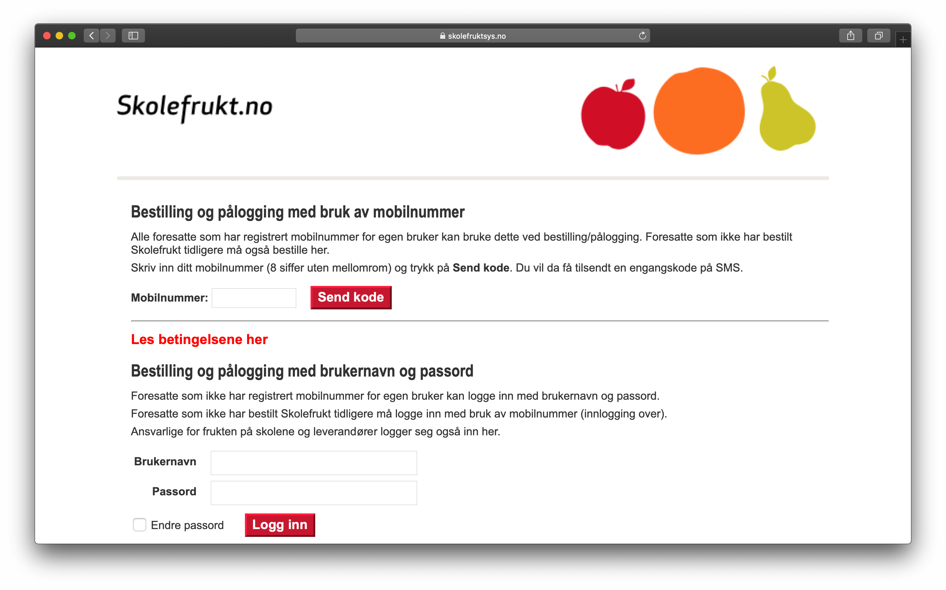 Skjermbilde av Skolefruktsys nettside